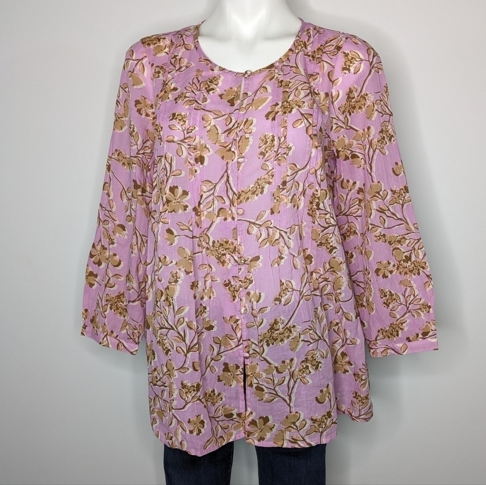 J Jill pink brown foliage 100% cotton button up ST